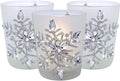 Snowflake Candle Holders with LED Candles, Set of 3 – Lighted Frosted Glass Votive Holders with Glitter Snowflakes and Jewel Accents – Christmas Table, Mantel and Holiday Decor – 2.75 Inch