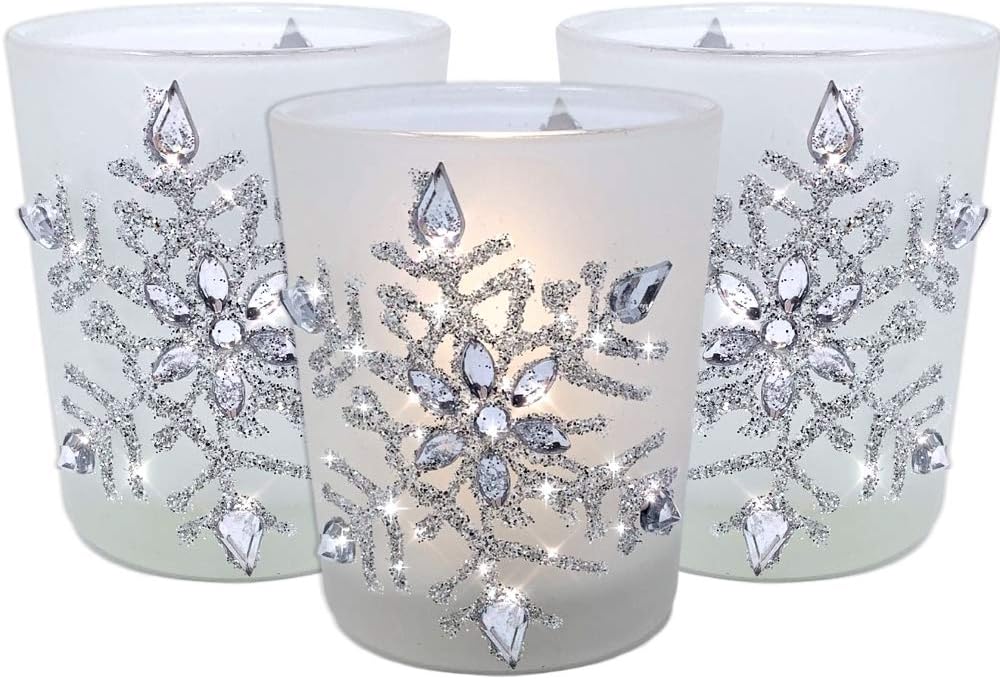 Snowflake Candle Holders with LED Candles, Set of 3 – Lighted Frosted Glass Votive Holders with Glitter Snowflakes and Jewel Accents – Christmas Table, Mantel and Holiday Decor – 2.75 Inch