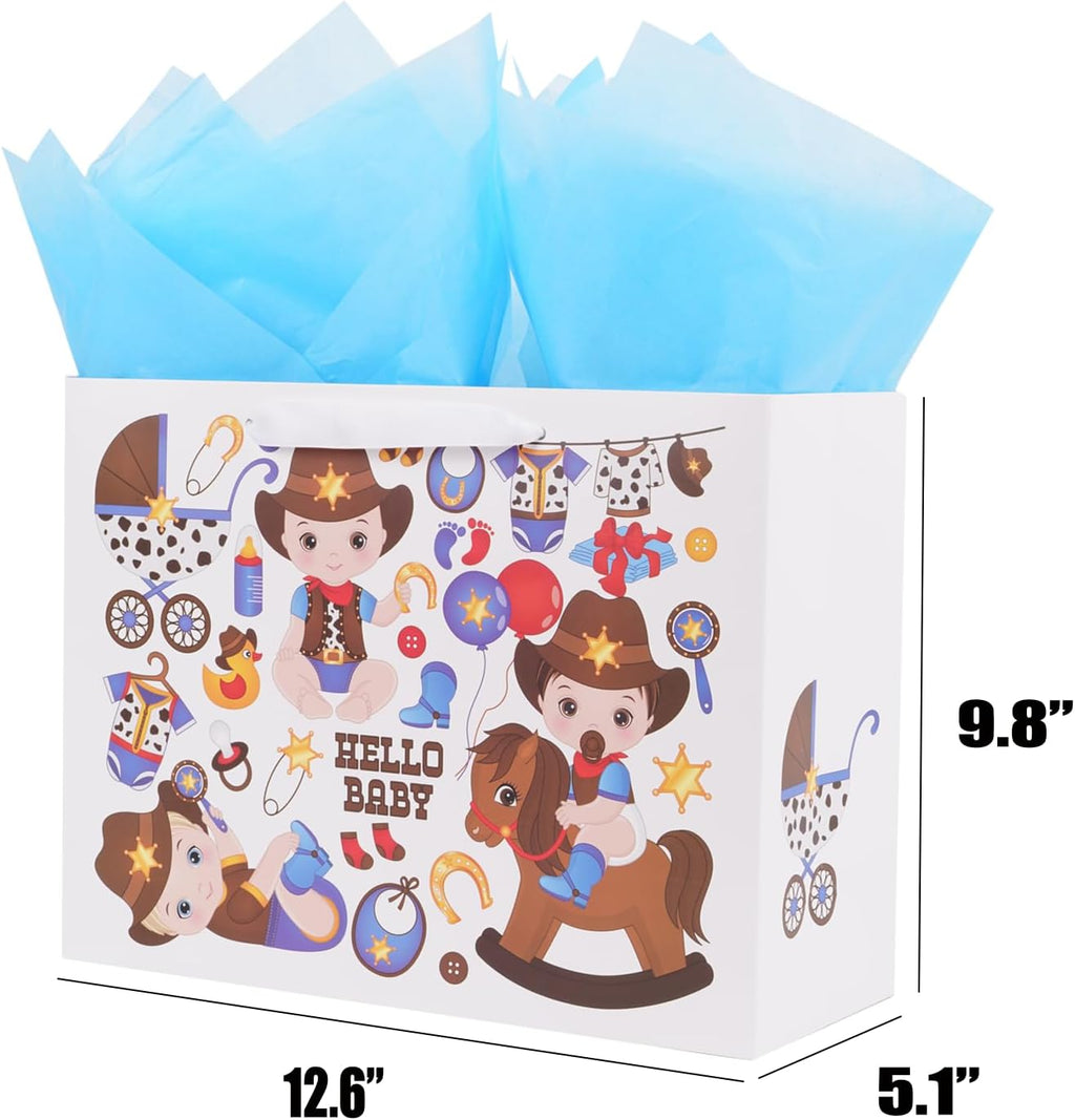 ysmile Cowboy Large Gift Bag with Wrapping Tissue for Baby Shower 12.6" - Boy