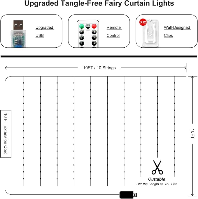 Fairy Curtain Lights Upgraded Tangle-Free Warm White USB Plug in 8 Modes String Hanging Lights with Remote for Christmas, Bedroom, Indoor, Outdoor, Weddings, Party (10FTx10FT)