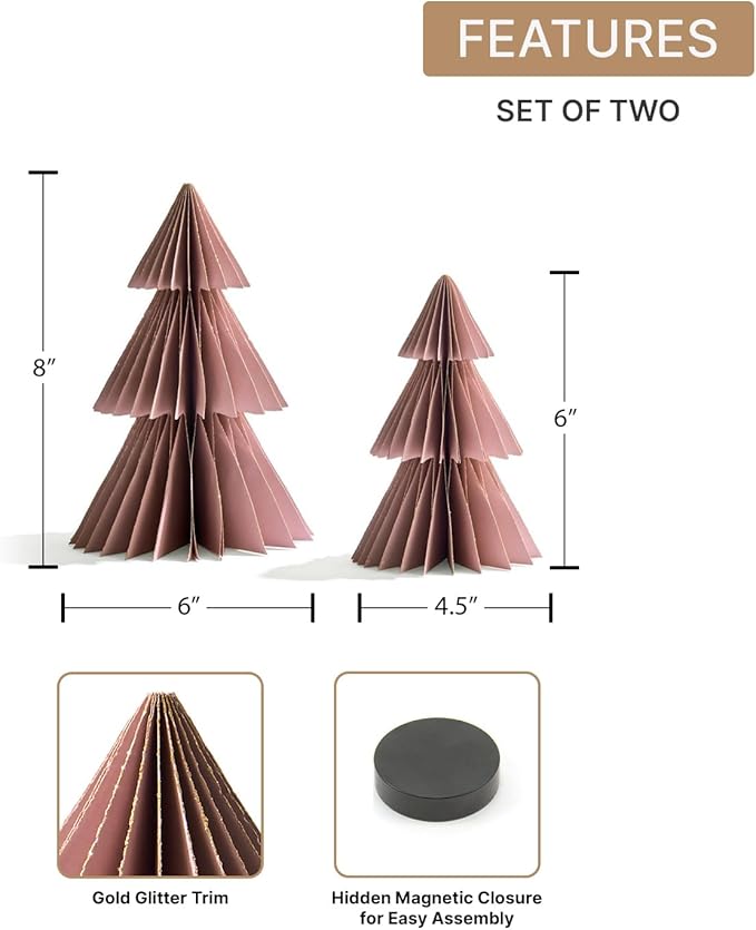 LampLust Pink Tree, 2 Pack Honeycomb Decorations, 6 & 8 Inch Paper Trees, Pink Decor, Winter Wonderland Decorations for Home Table Top Decor