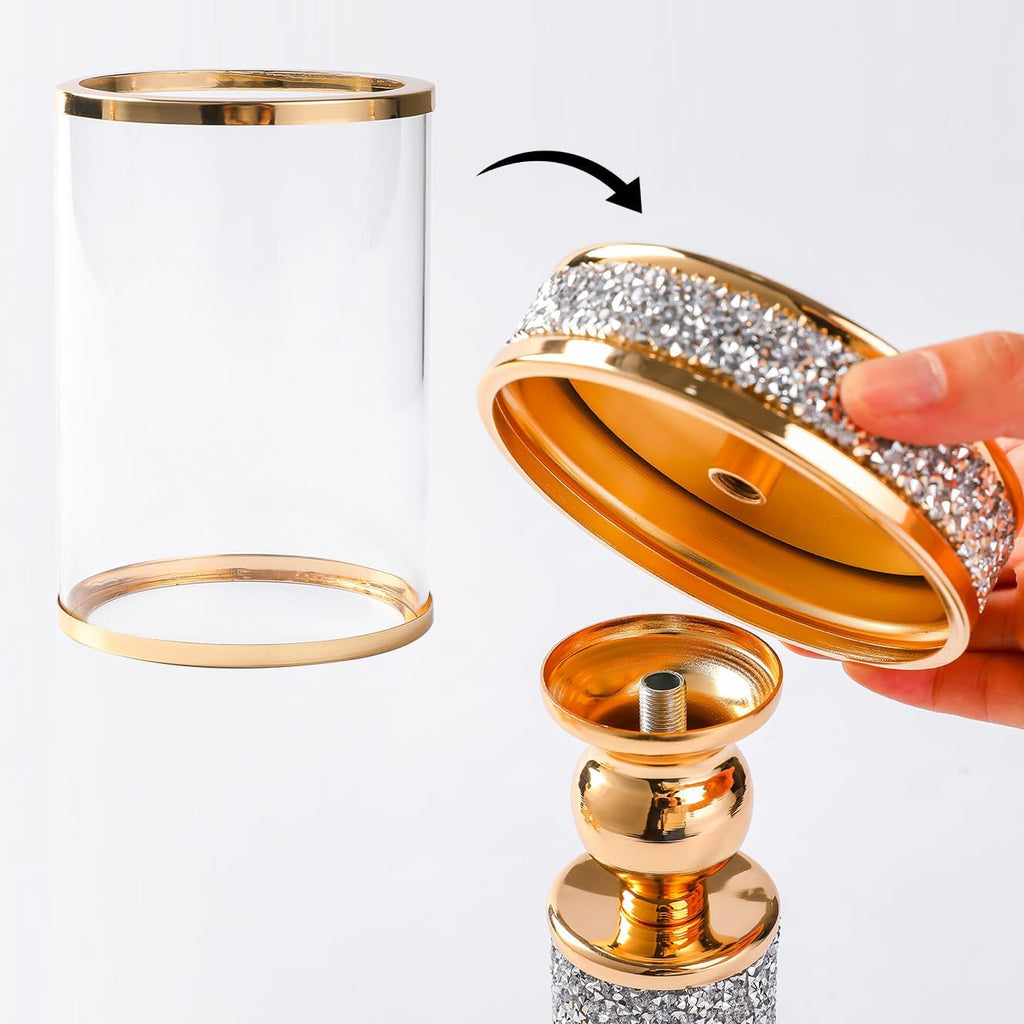 Hurricane Candle Holder, 13.5" Tall Metal Candle Stand, Glass Pillar Candle Holders, Crystal Gold Decorative Centerpieces for Table, Wedding and Dining Room (Fits Candles up to 3"x5", 2pcs, M)