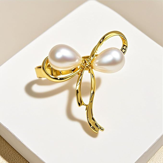 Gold Napkin Rings Set of 8 Pearl Bow Napkin Rings for Napkins,Rustic Napkin Ring Holders, Butterfly Knot Napkin Holders for Cloth Napkins,Christmas Bow Tie Napkin Ring for Dining Table Decor