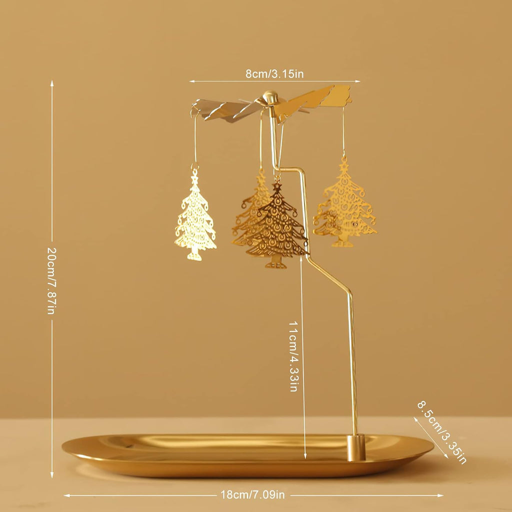 Creahaus Spinning Candle Holder with Tray, Glod Carousel Candle Spinner, Rotating Metal Tea Light Candle Holder for Table Centerpiece, Christmas, Valentine's Day, Party Decor, Gift (Christmas Tree)