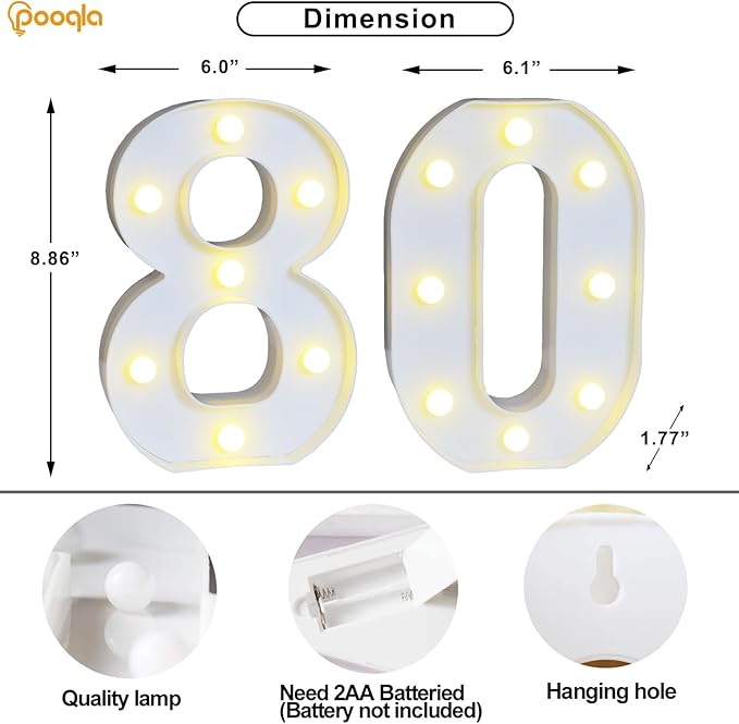 Pooqla 80th Birthday Decoration for Woman Man, Decorative LED Light Up Numbers, Marquee Numbers 80 Sign for Party Backdrop 80th Wedding Anniversary Decor, Warm White and Cool White Number 80