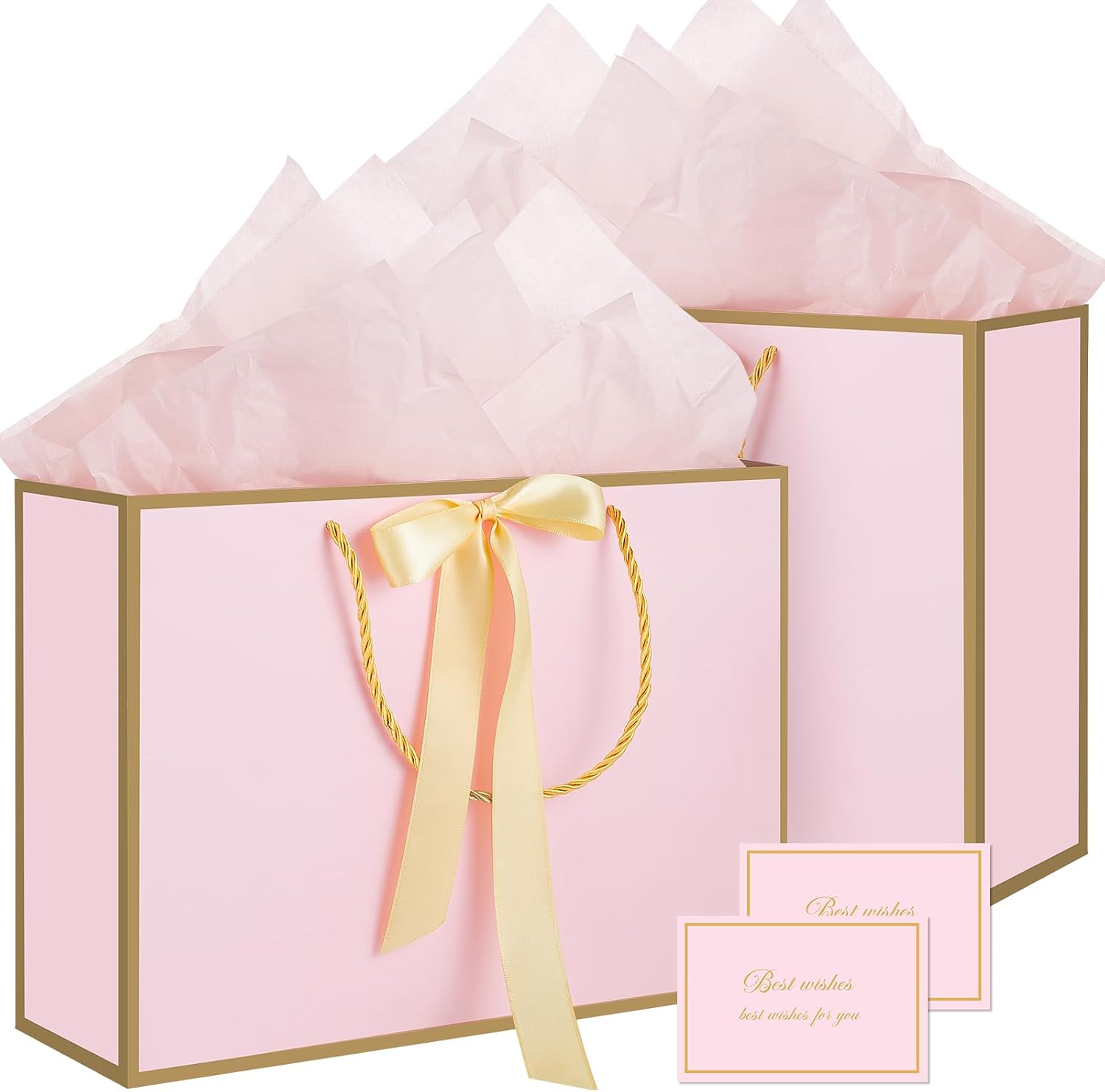 woric Pink Gift Bags with Handles, 14" Medium Gift Bags with Tissue Paper, 2 Pcs Pink Bags with 4 Tissue Paper and 2 Cards for Baby Shower Wedding Bridal Shower Birthday Party