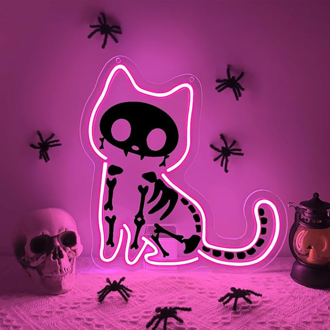 Cat Neon Sign,Pink Dimmable LED Light Signs for Wall Art Decor,Halloween Backdrop for Bedroom Club Party,Animal Gift for Boys Girls Teen USB Powered（11.8"*11.6"）