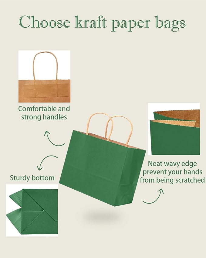 qiqee 50-Packs Kraft Deep Green Paper Gift Bags with Handles Bulk 12.6"x4.3"x10" Wide Large Size Party Favor Bags Multiple Uses