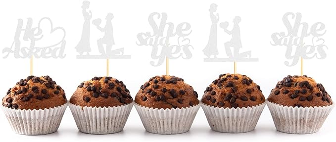 Sotpot 24PCS He Asked She Said Yes Cupcake Toppers With Heart Silver Glitter for Wedding Bridal Shower Wedding Engagement Party Cake Decorations