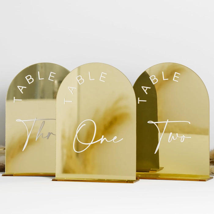Gold Mirror Arched Wedding Table Numbers 1-10 with Stands, 5x7 Inch Acrylic Arch Sign with Holder, Gold Arch Acrylic Table Numbers for Wedding Reception