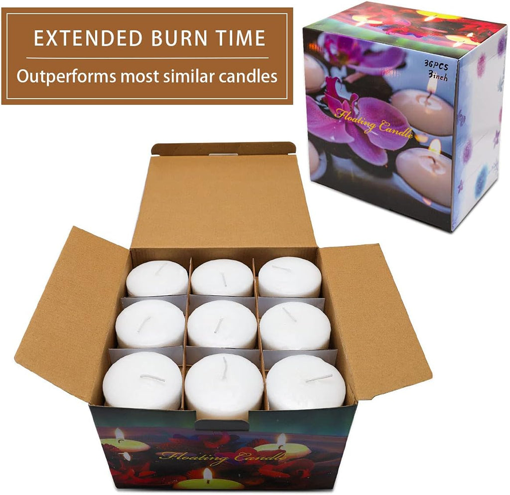 10 Hour Floating Candles, 3” White Unscented Dripless Wax Discs, for Cylinder Vases, Centerpieces at Wedding, Party, Pool, Holiday (36 Set)