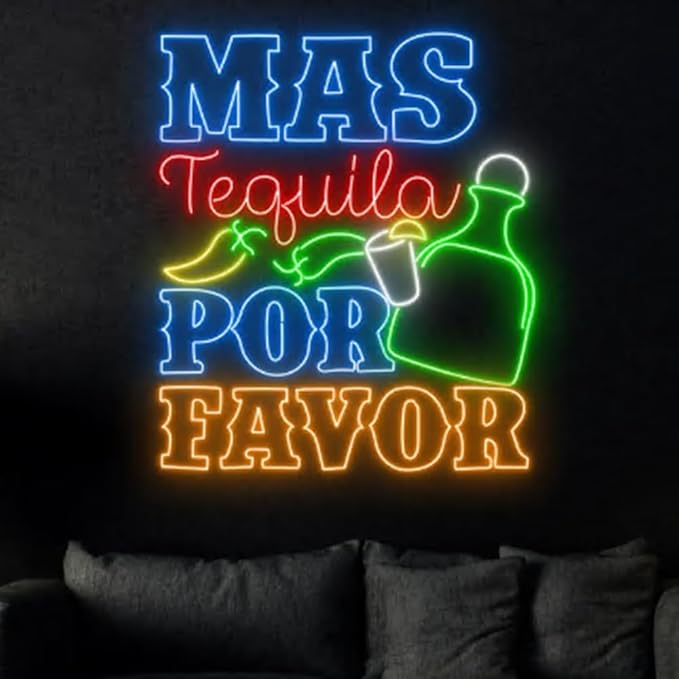 Mas Tequila Por Favor Neon Sign, 25" Mexican Cocktail Bar Light Up, Tequila Cocktail Led Light Signboard, Tequila Bar Pub Neon Light Decor