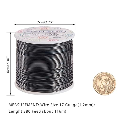 BENECREAT 12 17 18 Gauge Aluminum Wire (17 Gauge,380FT) Anodized Jewelry Craft Making Beading Floral Colored Aluminum Craft Wire - Black