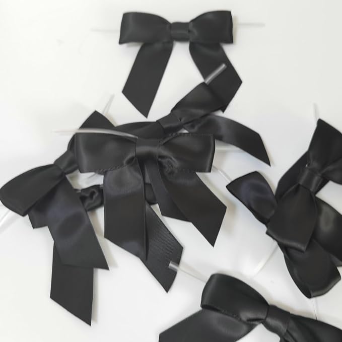 50pcs 3-1/2" Black Satin Ribbon Bows with Twist Ties Giant Bows for Fathers' Day 7th of July Gift Packing&Wrapping (Black)
