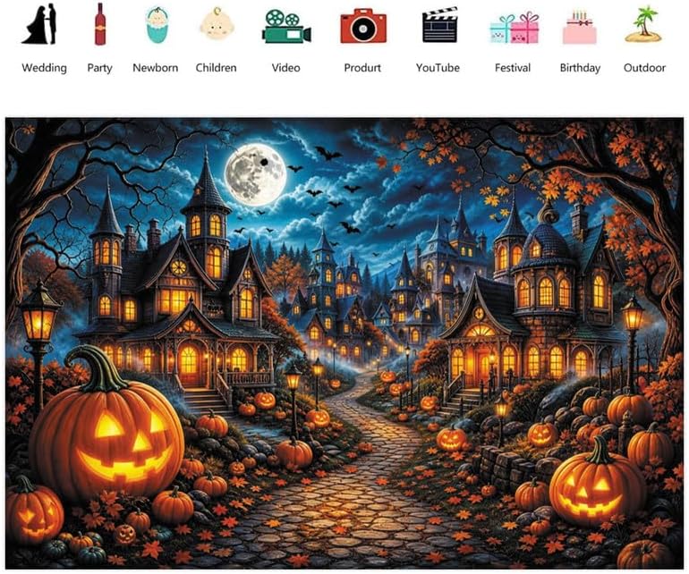 Halloween Spooky Haunted House Backdrop 10x8ft, Full Moon Pumpkin Village Cas...