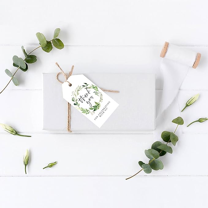Andaz Press 100-Pack Thank You for Celebrating with Us Favor Tags Greenery Wreath Cardstock Gift Tags with Bakers Twine for Wedding Baby Shower Bridal Shower Birthday Party Favors 2 x 3.75-Inches