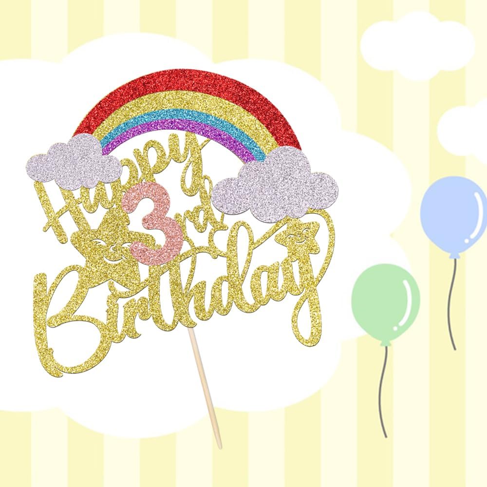 Rainbow Happy 3rd Birthday Cake Topper,Rainbow Themed 3rd Birthday Cake Decorations,Baby Shower,Boho Boy Girl Birthday Party Supplies