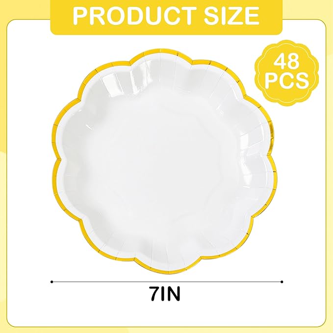 White Golden Party Plates Gold Foil Dessert Paper Plate 7inch Scalloped Edge Disposable Cake Plates for Tea Party Birthday Bridal Baby Shower Wedding Party Supplies (48, White)