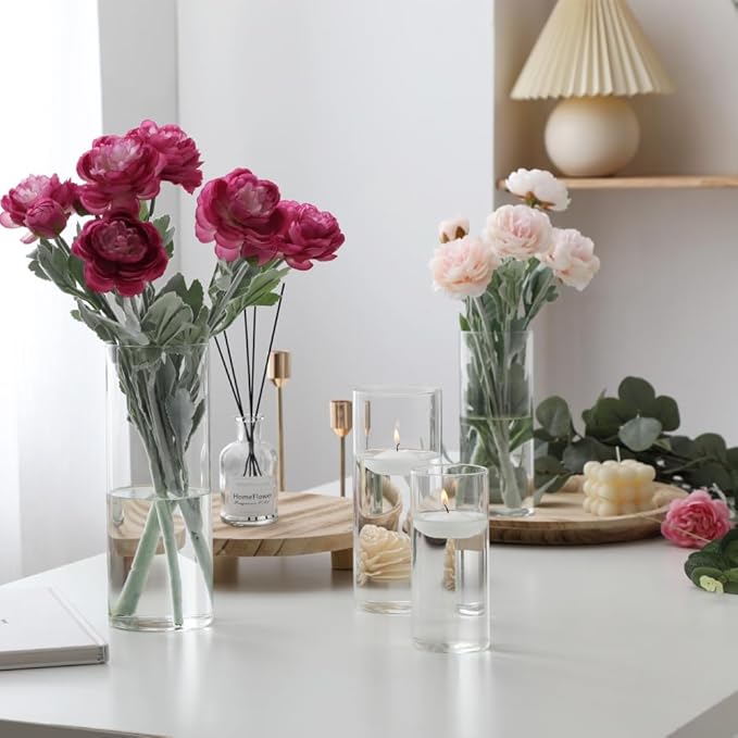 Set of 12 Pcs Glass Cylinder Vases for Centerpieces with 18 Pcs White Floating Candles for Centerpieces Glass Candle Holder for Table Shelf Wedding Party Home Decor (4"+6"+8"+10")