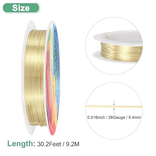 0.4 mm/26 Gauge Copper Wire for Jewelry Making, 30.2FT Copper Beading Craft Wire for Jewelry/Weaving/DIY Crafting/Planting, Color-Retaining [9.2M, Light Golden]
