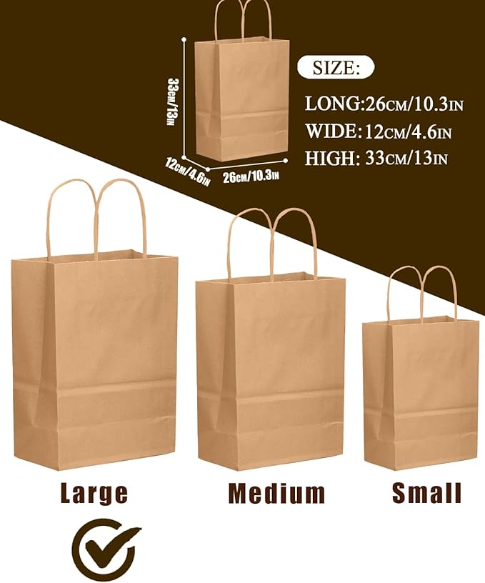 qiqee 30-Packs Brown Gift Bags with Handles Bulk 13''x5 x10 Large Size Kraft Paper Bags Multiple Uses (Large Size)