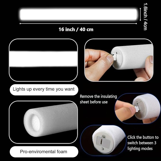 Glow Foam Sticks Bulk, 24 Pcs White Giant LED Light Up Sticks 3 Modes Flashing Glowing Baton Wands Party Supplies for Wedding, Raves,Concert,Birthday,Christmas, Halloween,Sporting Events
