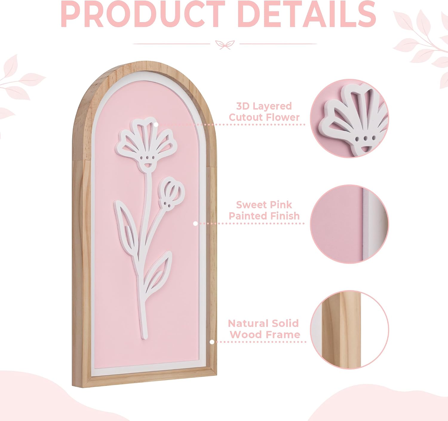 Pink 3D Wooden Floral Wall Art Set of 3, Arched Boho Girls Room Wall Decor | Pink arched panels with raised white floral cutouts in wood frames; ready to hang in bedrooms, teen rooms, dorms or hallways