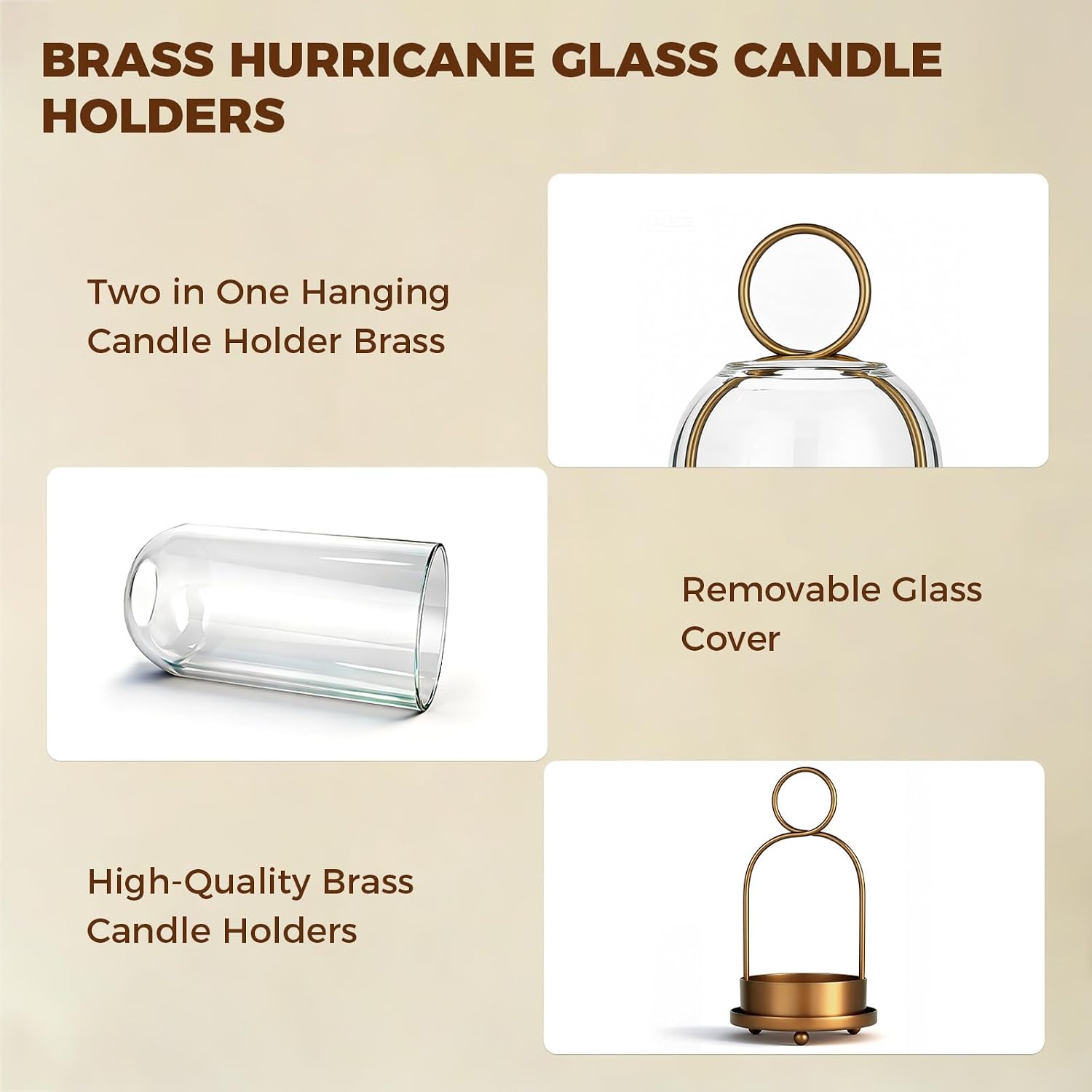 5"&4" Hurricane Glass Candle Holders, Hanging Brass Metal Candle Holder for Pillar Candles Table Coffee Table Decor Interior Decoration