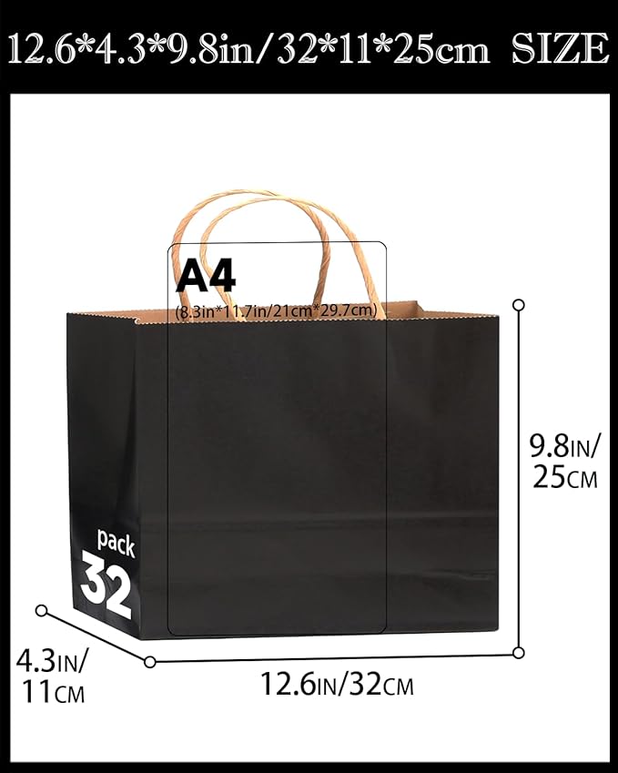 qiqee 50-Packs Black Paper Gift Bags with Handles Bulk 12.6"x4.3"x10" Wide Large Size Party Favor Bags Multiple Uses