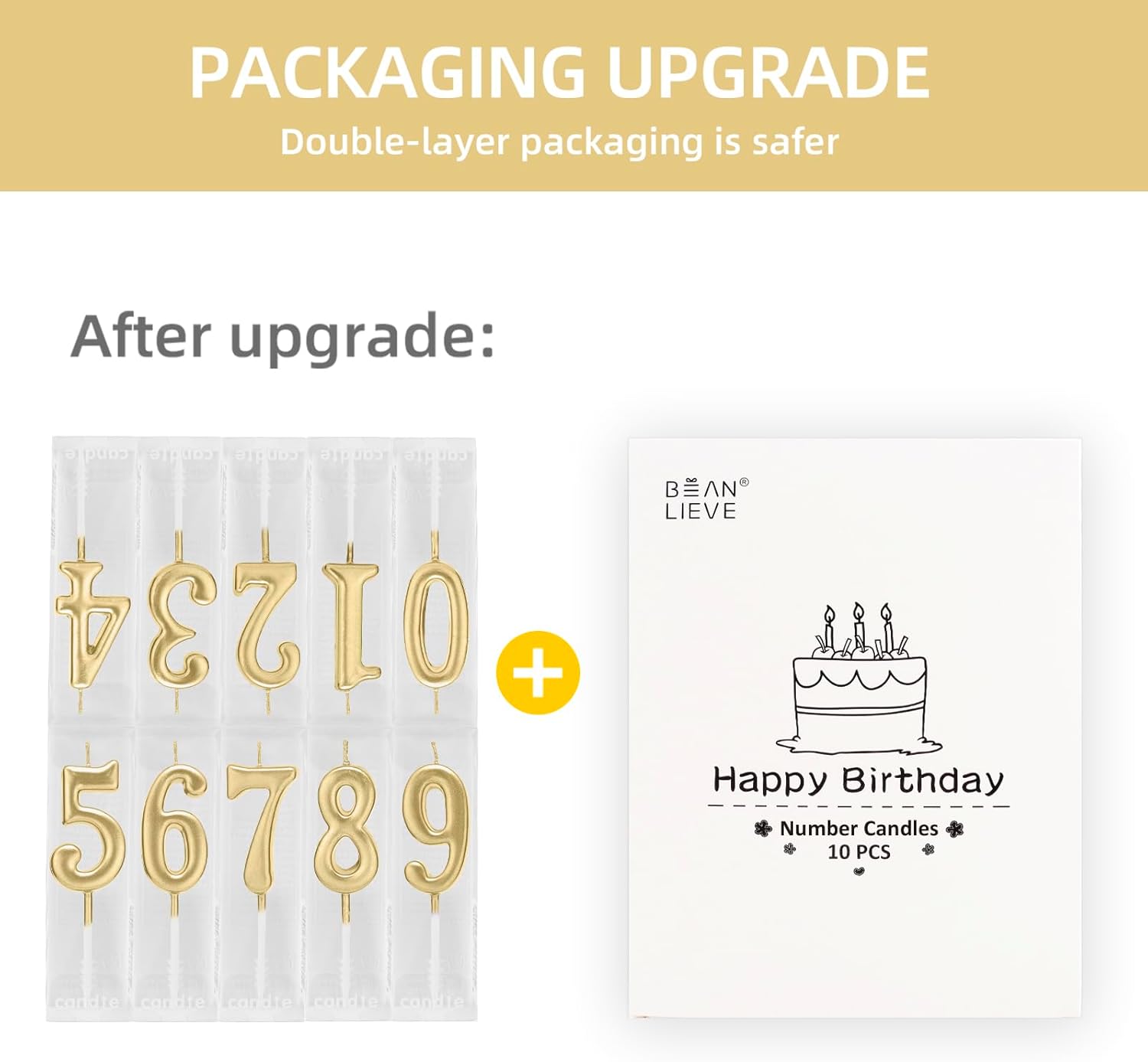 Beanlieve 10-Pieces Numeral Birthday Candles - Cake Numeric Candles Number 0 1 2 3 4 5 6 7 8 9,Used for Cake Decoration on Birthday Parties and Wedding Anniversary Celebrations(Champagne Gold)