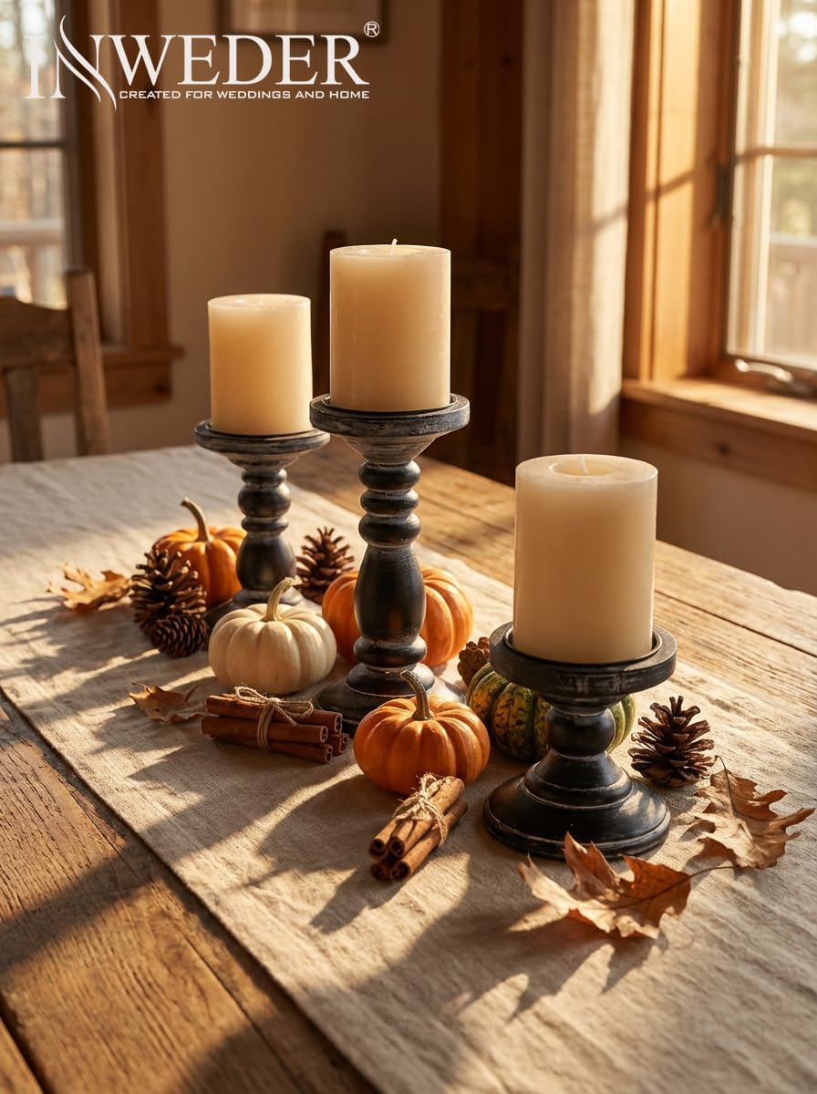 Wood Pillar Candle Holder: 3Pcs Rustic Black Candle Holders for Pillar Candles Wood Candle Holders Distressed Wooden Farmhouse Candle Holder Large Rustic Candle Holder for Fireplace Table