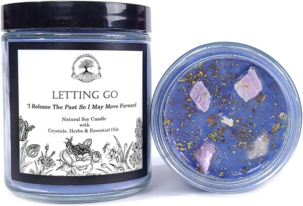 Letting Go Affirmation Candle | 9 oz Natural Soy Wax with Pink Kunzite Crystals, Herbs & Essential Oils | Negative Feelings, Heartache & Old Baggage | Wiccan, Pagan & Magick Rituals