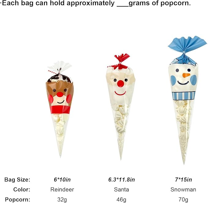 EKAPACKAGING 50Pcs 6.3x11.8 Inches Santa Print Cone Shaped Treat Bags with Ties, Christmas Clear Cellophane Bags, Party Favor Bags for Popcorn, Cookies, Cotton Candy, Gift, and Pretzel Rod