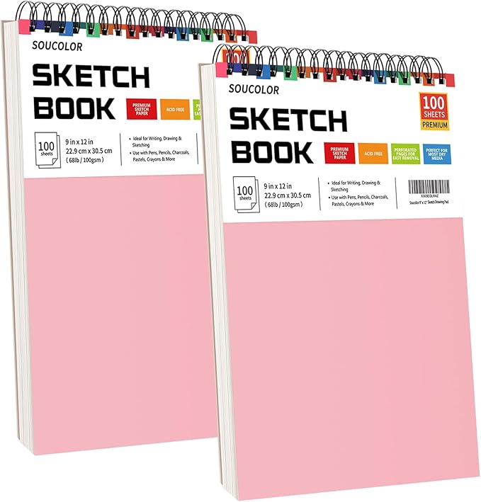 Art Supply Set - Sketching & Drawing Kit, Sketchbook Art Paper for Beginner Artists, Soucolor 9" x 12" Sketch Book, 2-Pack 100 Sheets Spiral Bound Sketchbook, Acid Free
