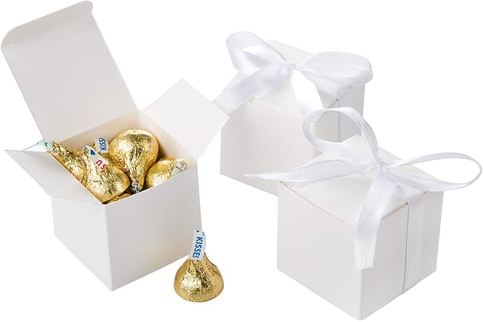 AWELL White Gift Candy Box Bulk 2x2x2 inches with White Ribbon Party Favor Box,Pack of 50