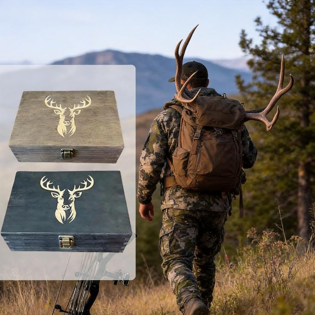Hunting Memory Box - The Hunter’s Legacy Wooden Keepsake Box with Shell Slots, Notes Chart & Hidden Layer for Storing Deer Hunting Tags, Photos & Keepsakes (Black)