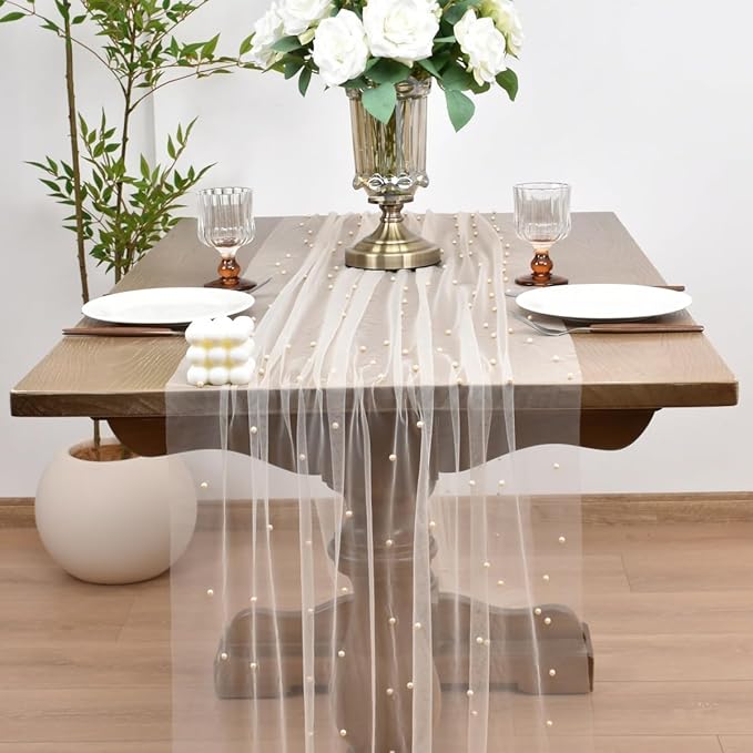 Joanlody Fall Pearl Table Runner 10ft Rustic Boho Tulle Table Runner with Pearls for Baby Shower Wedding Party Veil Dessert Thanksgiving Table Decor Champagne 4pcs