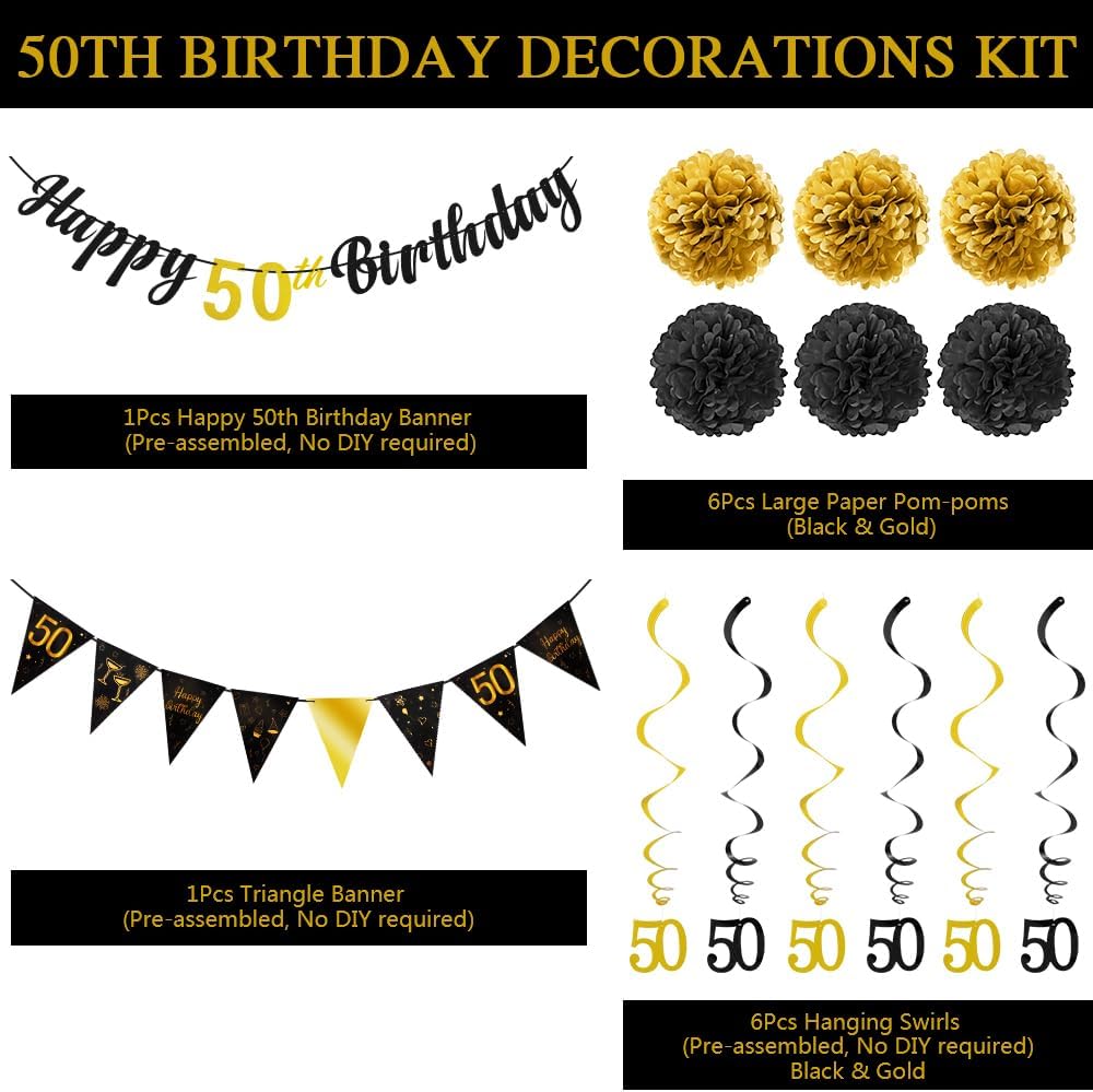 TOBATOBA 50th Birthday Decorations Kit for Men Women, Black Gold Happy 50th Birthday Banner, Triangle Flag Banner 50th Birthday Party Decorations, 50 Year Old Birthday Party Supplies