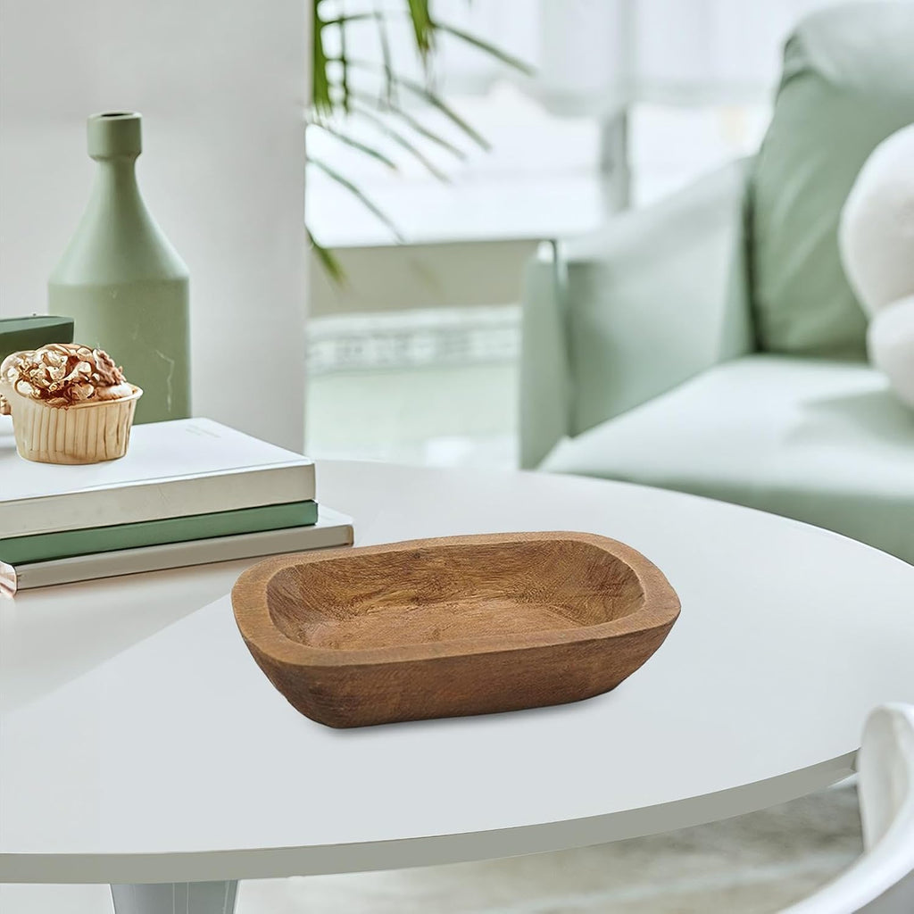 Fenteer Wooden Dough Bowl for Candle Making, Hand Carved Solid Wood Catchall Tray, Rustic Centerpiece for Kitchen Counter and Dining Table, 9.8x5.9 in