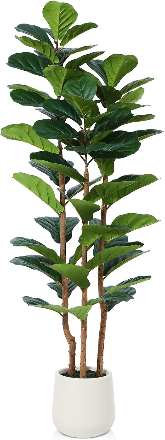 artificial fiddle leaf fig tree with white planter, main product view