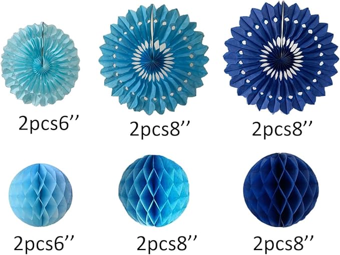 12pcs 6’’ 8’’ Honeycomb Balls Tissue Paper Fans Party Honeycomb Ball Fans Wall Decorations Tissue Pom Poms Flower Balls Hanging Paper Fans for Party Baby Shower Birthday Wedding Nursery(Blue kit)