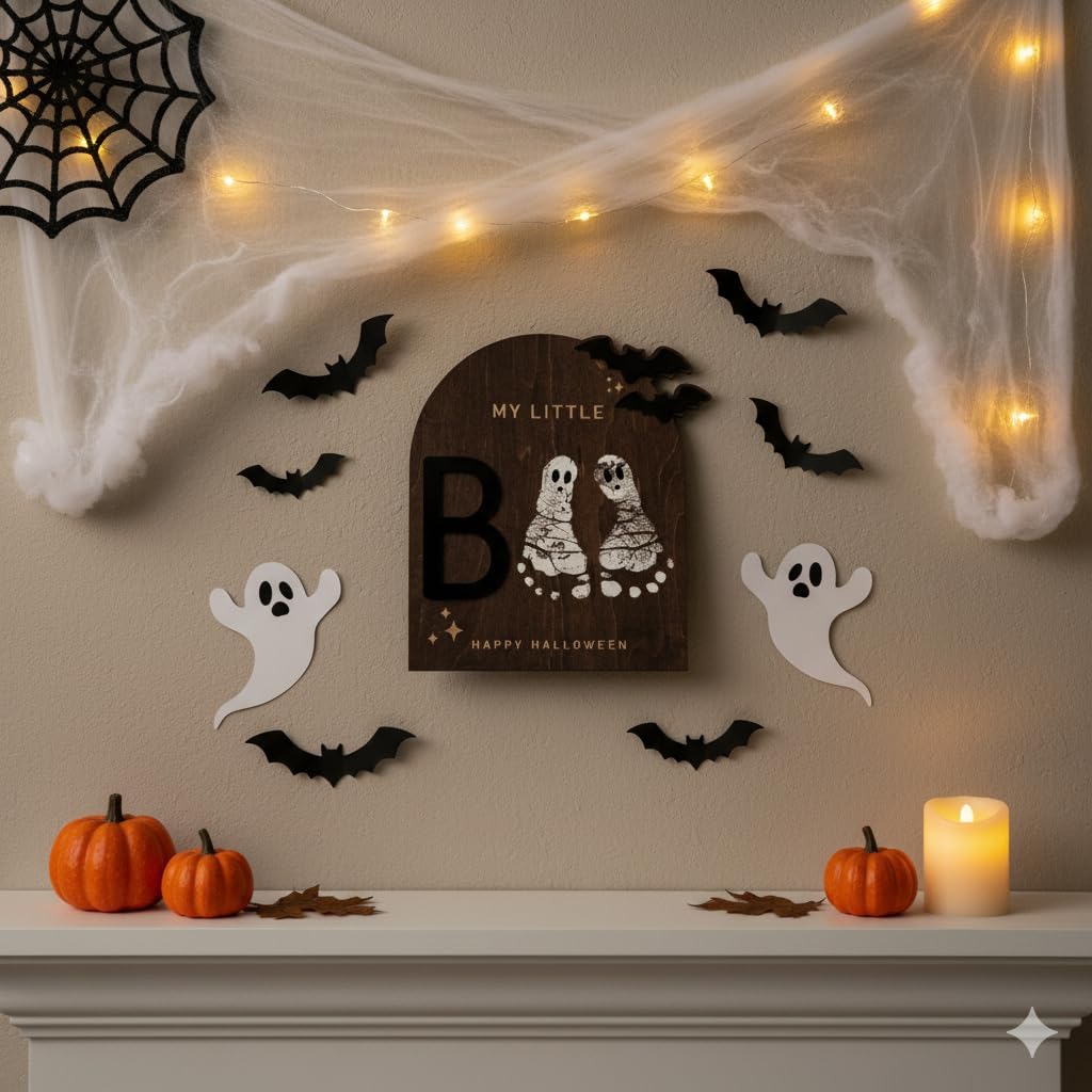 My Little Boo Wooden Halloween Sign – Baby Footprint Ghost Keepsake Plaque – Happy First Halloween Nursery Décor – Rustic Wooden Tabletop Sign for Newborn. Halloween baby