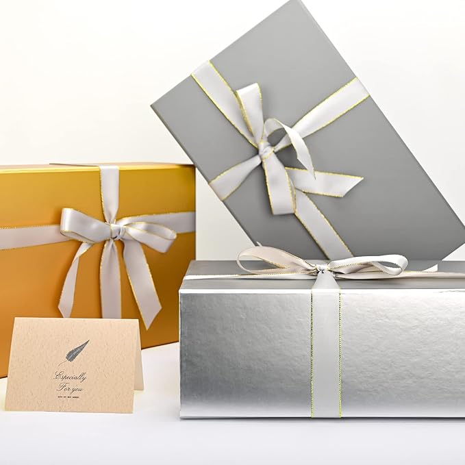 LIFELUM Gift Boxes with Lids,1 Pack 13.85 x 8.35 x 4.45 inch Silver Gift Boxes with Ribbon, Card, Shredded Paper Filler Gift Boxes for Presents,Graduation,Christmas,Birthdays