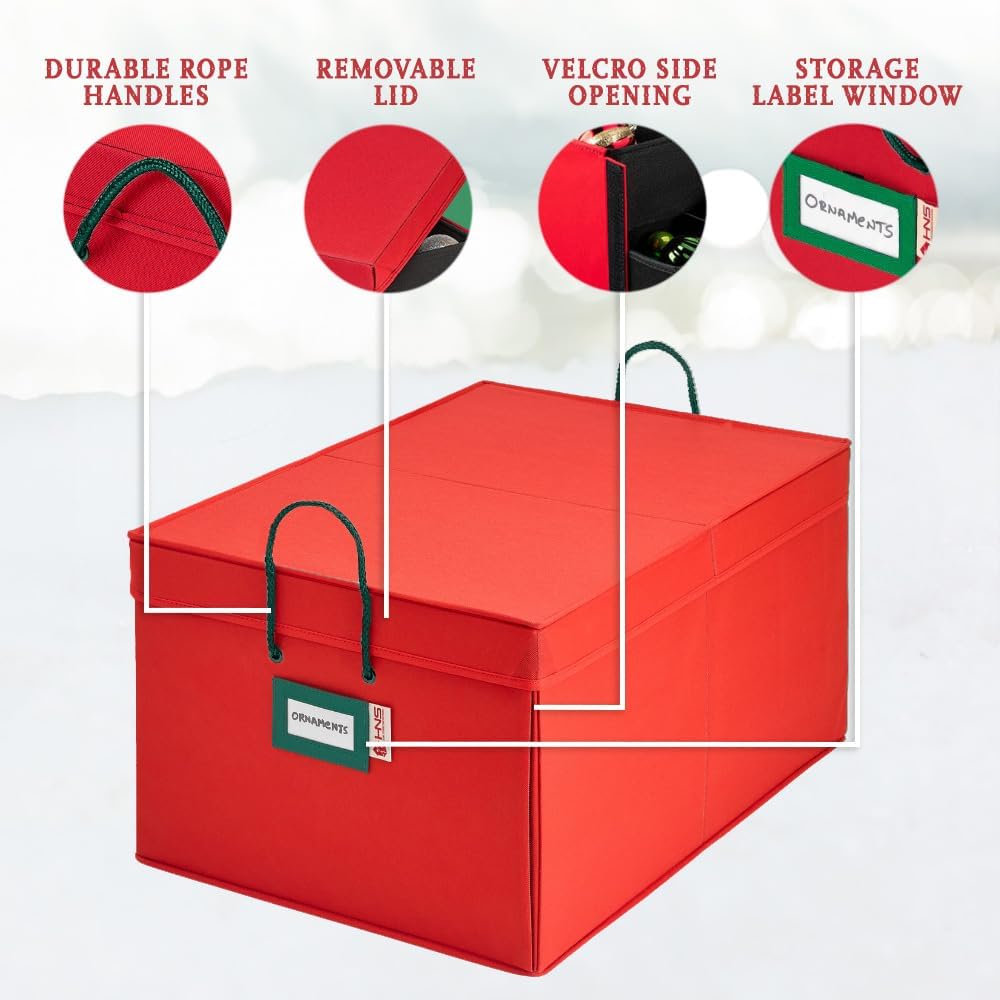 HOLDN’ STORAGE Christmas Ornament Storage Box with Dividers, Holds Up to 72 Ornaments (4 Inches), Large Organizer with 3 Stackable Trays - Red