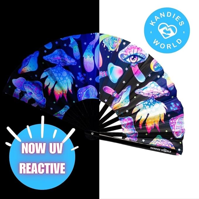 Kandies World UV Reactive Custom Festival Folding Hand Fan - Unique Designs, Made of Bamboo, Clacking Sound, Lightweight - Perfect Rave and Festival Accessory!