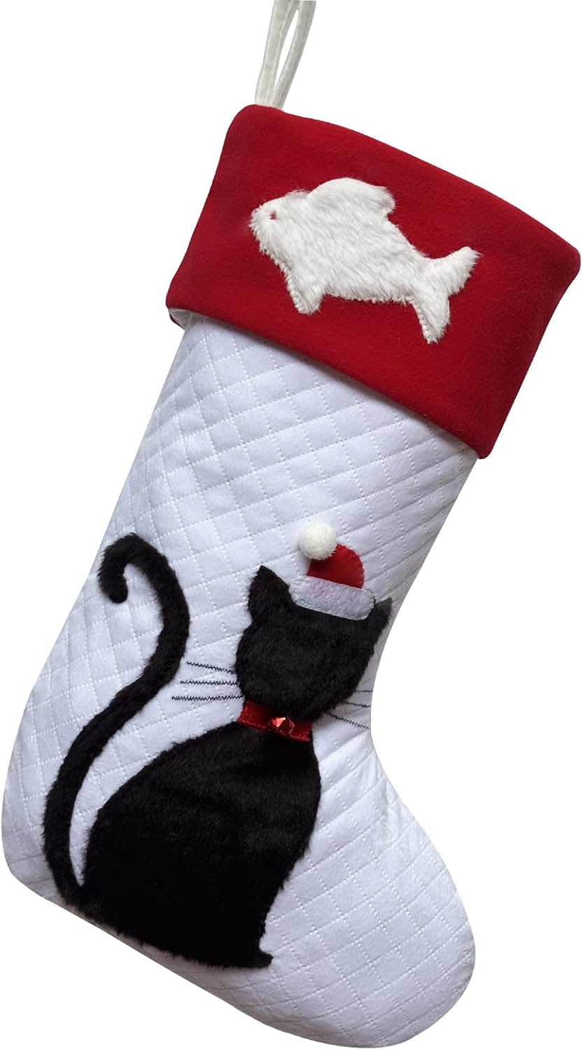 Cat Christmas Stockings Dual-Layer with 3D Black Kitty and White Fish, 20 inch Large Pet Animal Cats Xmas Stockings for Christmas Family Decorations (Black Cat)