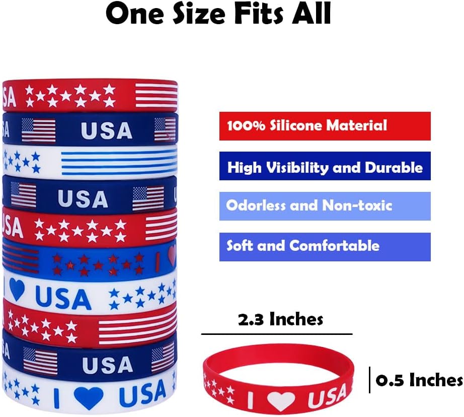 JAKADYUKS American Flag Silicone Bracelet 40Pcs, Fourth 4th of July Patriotic Party Favors, Memorial Day Veterans Day Wristband, USA Red White and Blue Decorations