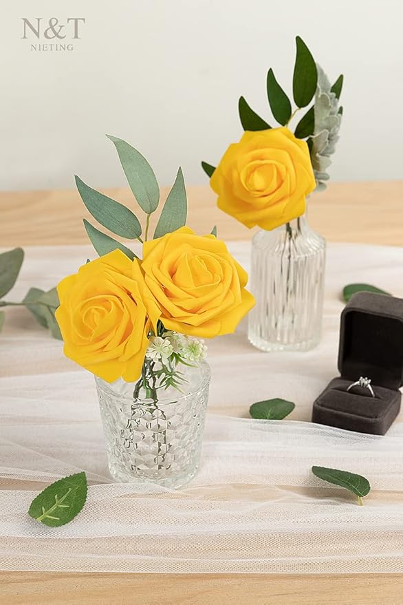 N&T NIETING Artificial Flowers, 25Pcs Fake Flowers Fall Roses Perfect for DIY Wedding Bouquets Centerpieces Bridal Shower Party Home Flower Arrangement Decorations, Gold