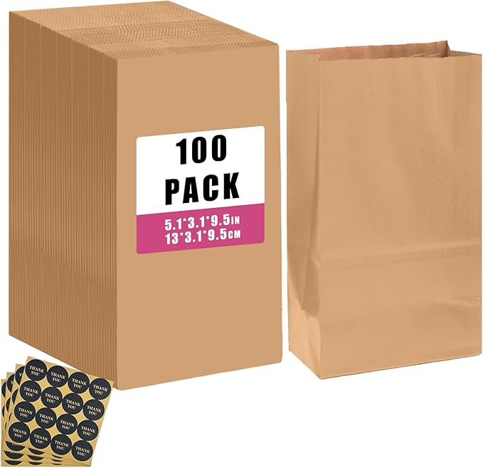 qiqee 100Pcs Treat Paper Bags 5.1"x3.1"x9.4" Brown Party Gift Bag Mini Snack Bag without Handle