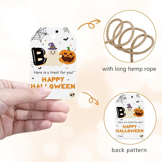 50pcs Boo Halloween Favor Tags, Halloween Class Gift Tags for Spooky Ghost Party Favor and Gift Wrapping Decoration (Happy)